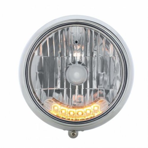 Chrome 7" Motorcycle Headlight - Grooved w/ 6 Amber Auxiliary LED | Motorcycle Products